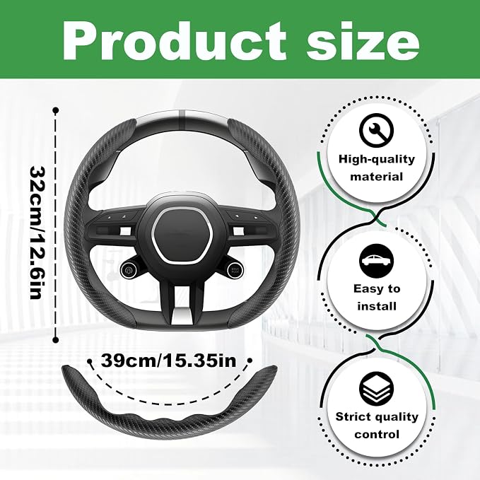2pcs Carbon Fiber Anti-Skid Steering Wheel Cover, Anti-Skid Steering Wheel Cover/Segmented Steering Wheel Protector/Car Interior Accessories for Men/Women - Durable(Black)