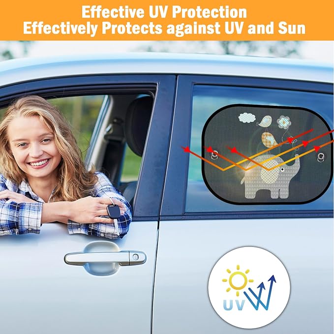 Car Sun Shades for Baby, 2 Pack Mesh Window Shade Baby Kids Pet with Cute Animal Motifs, Side Window Screens for SUV, 17"x14" Universal Car Sun Shades with Suction Cups