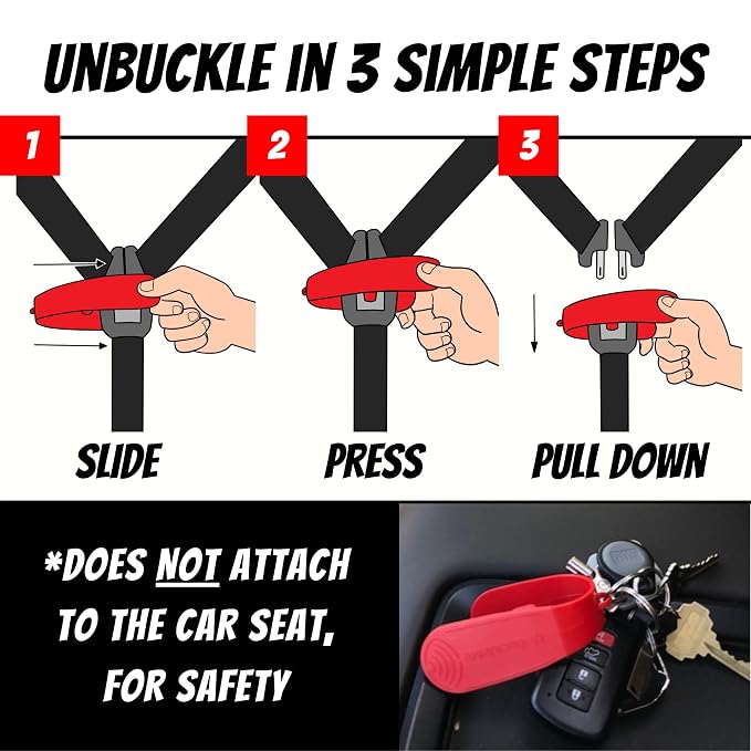 UnbuckleMe Car Seat Buckle Release Tool - Easy Opener Aid for Arthritis, Long Nails, Older Kids - Button Pusher for Infant, Toddler, Convertible 5 pt Harness car Seats - As Seen on Shark Tank (Red)