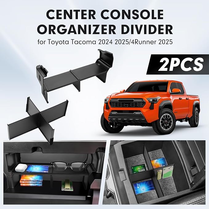 Autorder 2PCS Center Console Organizer for Toyota Tacoma 2024-2026/4Runner 2025-2026 Accessories Multi-Grid Glove Box Organizer for Tacoma/4Runner Armrest Storage Divider Insert Tray