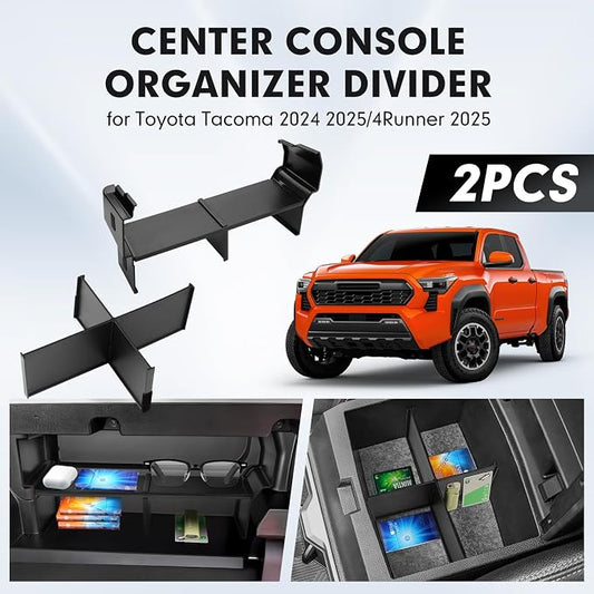 Autorder 2PCS Center Console Organizer for Toyota Tacoma 2024-2026/4Runner 2025-2026 Accessories Multi-Grid Glove Box Organizer for Tacoma/4Runner Armrest Storage Divider Insert Tray