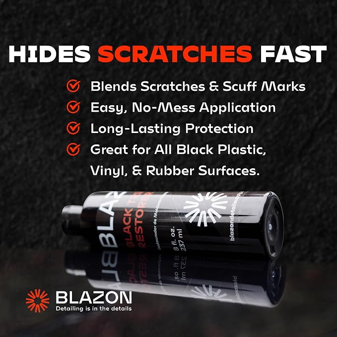 BLAZON Black Trim Restorer – Dye-Infused Plastic Restorer for Faded Exterior Trim, Deep Black Finish, Scratch Correction, Long-Lasting Durability & UV Protection - 4 oz Kit