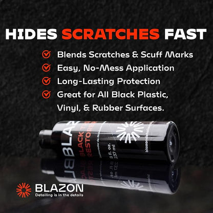 BLAZON Black Trim Restorer – Dye-Infused Plastic Restorer for Faded Exterior Trim, Deep Black Finish, Scratch Correction, Long-Lasting Durability & UV Protection - 4 oz Kit