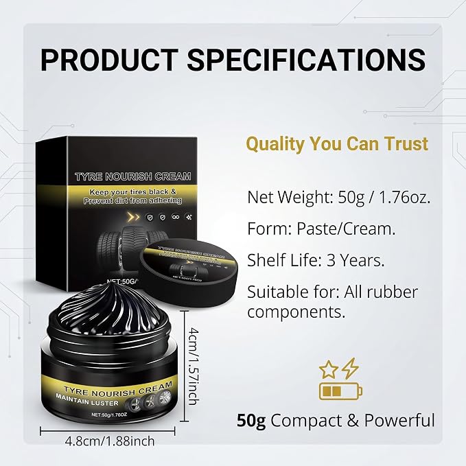 Tyre Nourish Cream, Restores Black Gloss Tire Wax Cream for Cars, Powerful Wheel Cleaning Refurbish Wax to Maintain Luster, UV Protection and Waterproof Formula for Car Tires