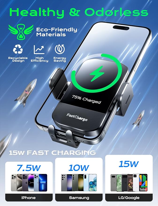 Wireless Car Charger, 15W Fast Charging Auto Clamping Phone Holders for Your Car Phone Mount fit for iPhone 17 16 15 14 13 12 Pro Max 11 XR XS, for Samsung Galaxy S25 Ultra S24 S23, Black