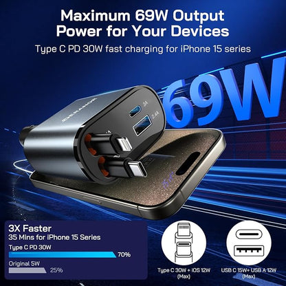 [2 Pack] Retractable Car Charger 4 in 1 Fast Car Phone Charger 69W, USB C Car Truck Accessories Adapter with 2X Retractable Charger Cords and 2X USB Ports for i Phone 17/16/15/14, for Samsung S25/S24
