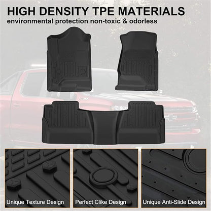 KIWI MASTER Floor Mats for 2014-2018 Chevy Silverado/GMC Sierra 1500 Crew Cab, 2015-2019 Silverado/Sierra 2500/3500 HD Crew Cab Front Rear Seat 2 Row All Weather Mat Liners Black