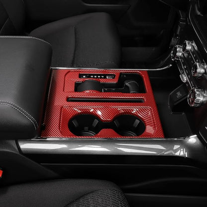 Jimen Compatible with 2021-2024 Ford F150 Center Console Gear Shift & Cup Holder Panel Trim Cover (Red Carbon Fiber)