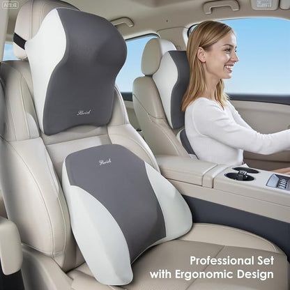 FLORICH Upgrade Lumbar Support and Car Neck Pillow, Back Support and Headrest Pillow for Car Seat Driver, Memory Foam Back Neck Support Pillow and Car Seat Lumbar Support for Car Office Chair - Gray