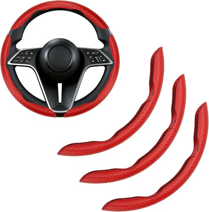 Carbon Fiber Steering Wheel Cover, 3-Piece Set Anti-Skid Comfortable Grip Segmented Butterfly Design, Easy Snap-On Installation Universal Fit 99% Cars, Red