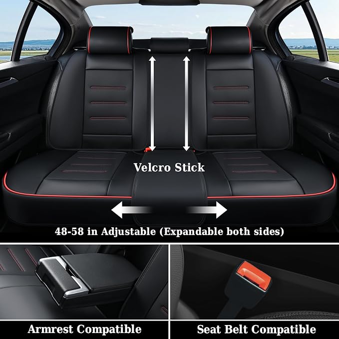 Coverado Car Seat Covers Full Set, Seat Covers for Cars, Car Seat Protector Waterproof, Leather Cushion, Universal Car Interior Covers Seat Protectors for Most Cars Black-Redline