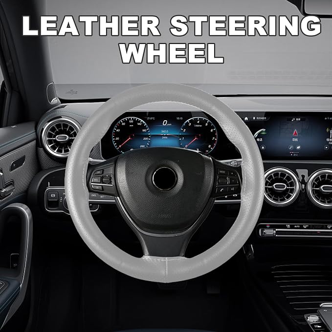 Ziciner Genuine Leather Steering Wheel Cover, Stitch on Wrap, Breathable Anti-Slip Car Steering Wheel Protector for Max Diameter 15 Inch, DIY Sewing with Needles Thread (Gray, Hole)