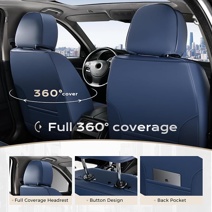 Coverado Car Seat Covers, Front and Back Seat Covers, Universal Seat Cover for Cars with Lumbar Support, Faux Leather Car Seat Protector Waterproof Car Seat Cushions Fit for Most Vehicles (Blue&Black)
