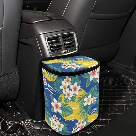 Talayituse Plumeria Palm Leaf Print Car Trash Bin, Large Size Auto Trash Can Adjustable Portable Garbage Can with Lid, Vehicle Hanging Bag for Headrest Front Back Seat