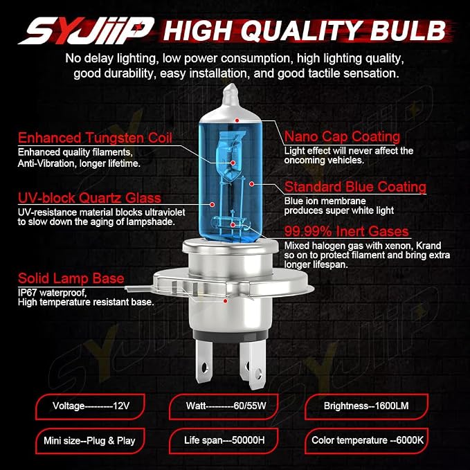 Upgraded Halogen Headlight Bulbs Compatible for Toyota Sequoia 2001 2002 2003 2004 2005 2006 2007, 9003/H4 High Low Beam + 9006 Fog Light, 6000K White, 300% Brightness, Plug n Play, Pack of 4