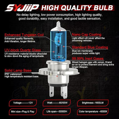 Upgraded Halogen Headlight Bulbs Compatible for Toyota Sequoia 2001 2002 2003 2004 2005 2006 2007, 9003/H4 High Low Beam + 9006 Fog Light, 6000K White, 300% Brightness, Plug n Play, Pack of 4