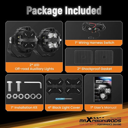 maXpeedingrods 3.5 Inch LED Off Road Lights 160W 19200LM Round Fog Lights with Amber/White DRL, LED Light Bar 270°Side Shooter for UTV Trucks SUV Pickup ATV Motorcycles, with 4 Black Light Covers