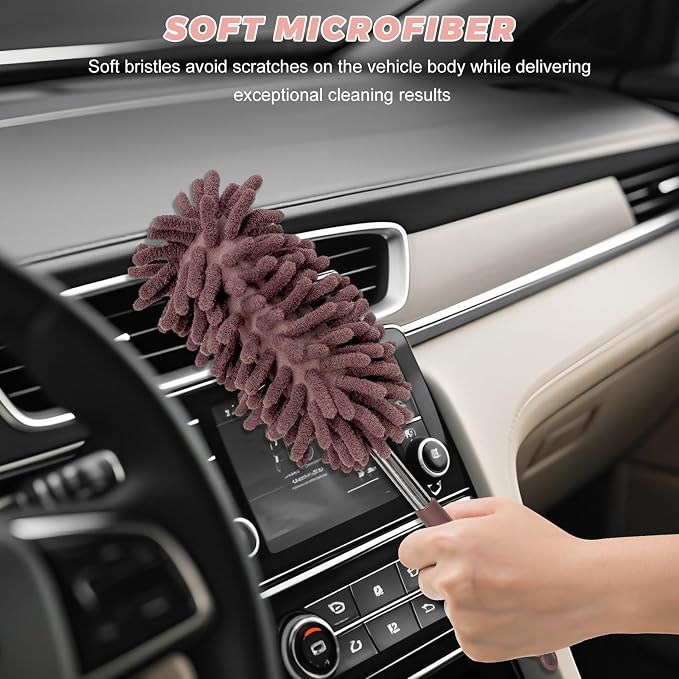 2PCS Car Interior Duster with Extension Pole, 11.8 to 30.5 Inch Retractable Dusters Washable Car Interior Cleaning Brush, Soft Scratch-Free Chenille Auto Dash Vent Window Duster (Khaki)