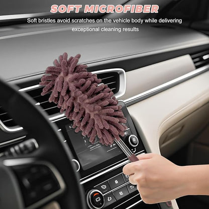 2PCS Car Interior Duster with Extension Pole, 11.8 to 30.5 Inch Retractable Dusters Washable Car Interior Cleaning Brush, Soft Scratch-Free Chenille Auto Dash Vent Window Duster (Khaki)
