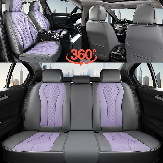 Coverado Automotive Seat Covers, Car Seat Covers Full Set, Purple Car Seat Cover, Car Seat Covers Front Seats Back Seat Cover, Waterproof Car Seat Cushion,Leather Seat Protector Fit for Most Cars