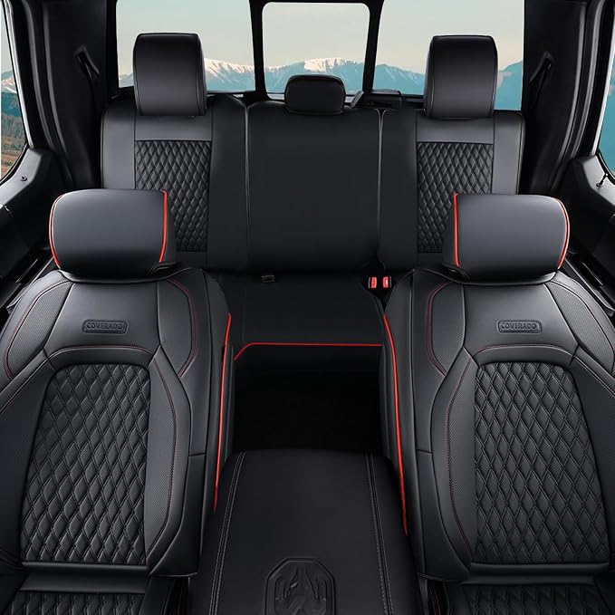 Coverado Dodge Car Seat Covers Full Set, Waterproof Leather Seat Covers for Car Fit for 2009-2018 Dodge RAM 1500, 2010-2024 2500 3500 Automotive Vehicle Seat Covers Protector for Trucks, Red line