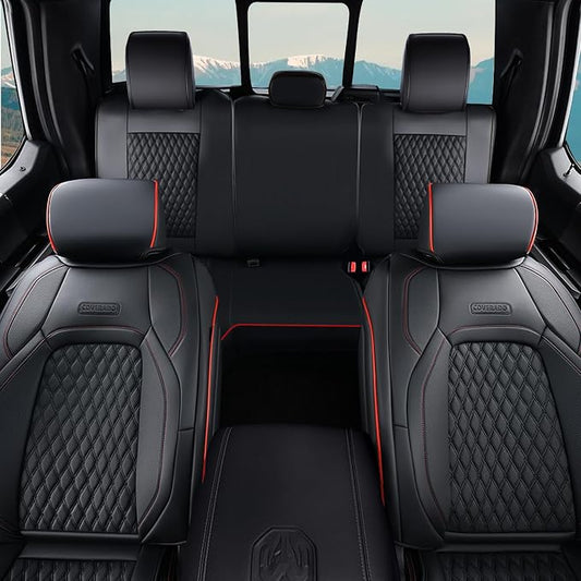 Coverado Dodge Car Seat Covers Full Set, Waterproof Leather Seat Covers for Car Fit for 2009-2018 Dodge RAM 1500, 2010-2024 2500 3500 Automotive Vehicle Seat Covers Protector for Trucks, Red line