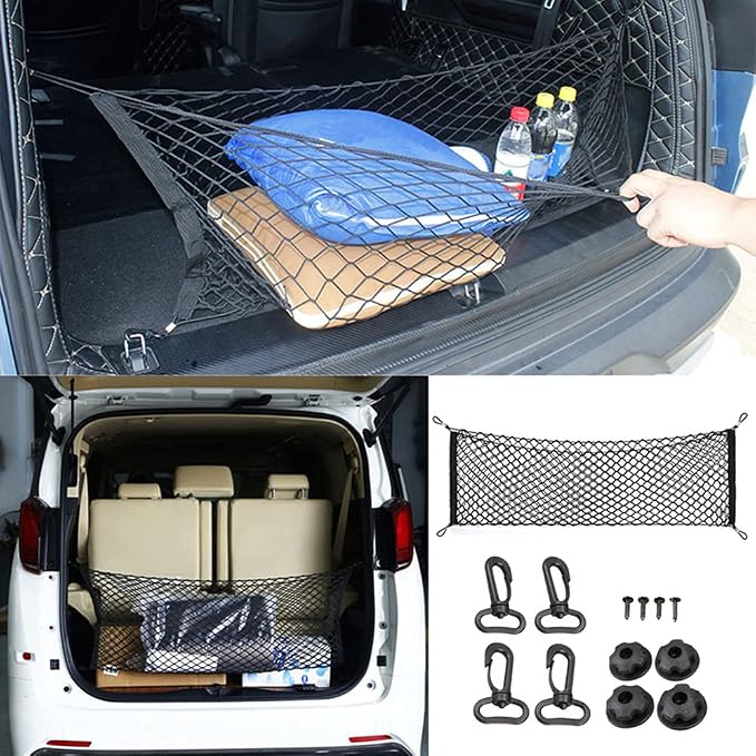 Car Rear Cargo Net, Universal Adjustable Elastic Trunk Cargo Storage Organizer Net, Double-Layer Storage Nylon Mesh Compatible for SUV, Jeep, Truck（43.3 x 15.7in）