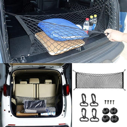 Car Rear Cargo Net, Universal Adjustable Elastic Trunk Cargo Storage Organizer Net, Double-Layer Storage Nylon Mesh Compatible for SUV, Jeep, Truck（43.3 x 15.7in）