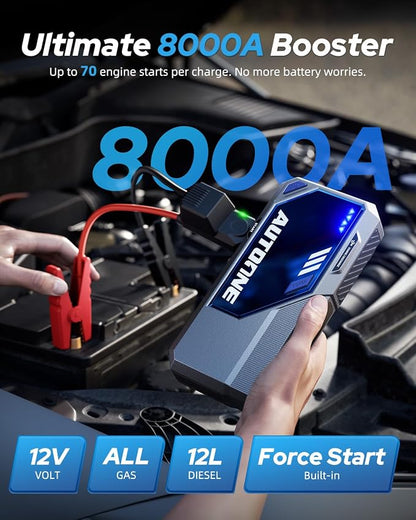 AUTOONE M4 Jump Starter 8000A Car Battery Jumper Starter Portable, 12V Jump Pack (All Gas/12L Diesel) Jump Box for Car Battery with Built-in Booster, Storage Case, LED Light, Jumper Cables