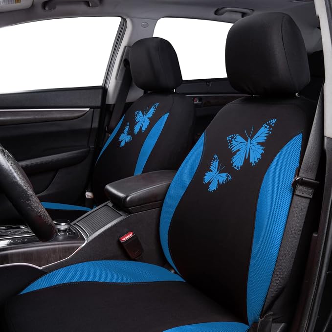 Flying Banner Butterfly car seat Covers ful Set Fashion Universal Lady Woman Female Rear Bench Split Colorized (Full Set, Blue)