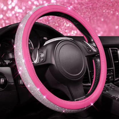 CAR PASS Diamond Pink Leather Steering Wheel Cover, with Bling Crystal Rhinestones Universal Fit 14" 1/2-15" Crystal Glitter for Women Sparkle Girl Fit Suvs,Vans,Sedans,Cars,Trucks, Pink Diamond