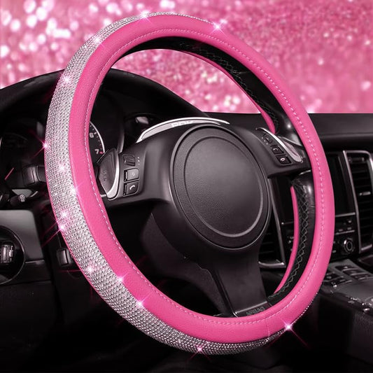 CAR PASS Diamond Pink Leather Steering Wheel Cover, with Bling Crystal Rhinestones Universal Fit 14" 1/2-15" Crystal Glitter for Women Sparkle Girl Fit Suvs,Vans,Sedans,Cars,Trucks, Pink Diamond
