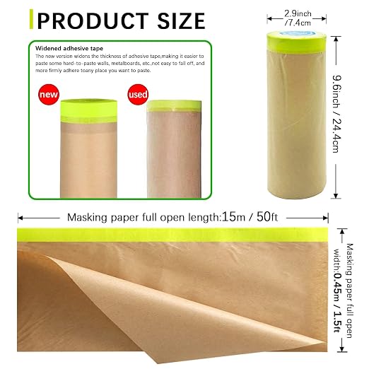 Tape and Drape, 18” x 100 feet Masking Paper for Painting, Pre-Taped Masking Paper with Adhesive, Paint Tape, Car Protection Covering Paper for Car and Furniture, Floor (2 Pack)