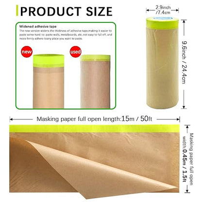 Tape and Drape, 18” x 100 feet Masking Paper for Painting, Pre-Taped Masking Paper with Adhesive, Paint Tape, Car Protection Covering Paper for Car and Furniture, Floor (2 Pack)