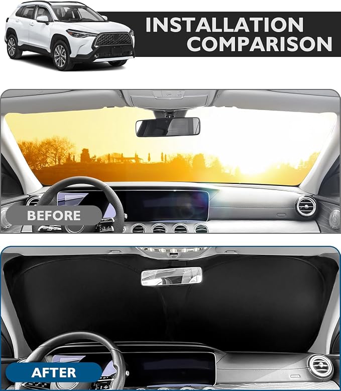 BIBLOZ Windshield Sun Shade for Toyota Corolla Cross 2022-2025 2026 Accessories Foldable Sunshade with Storage Pouch PET Material Keeps The Car Cool Inside(Not for Corolla)
