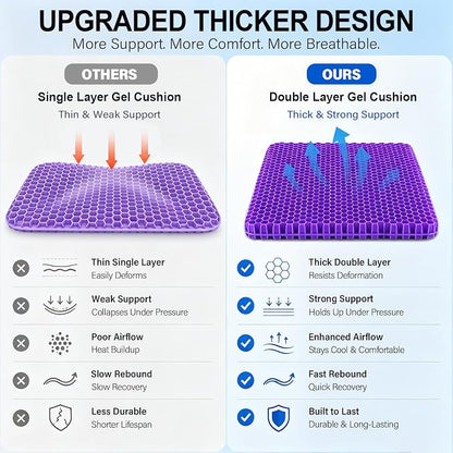 Gel Seat Cushion for Long Sitting – Double-Layer Honeycomb Cooling Chair Pad, Thick Supportive Gel Cushion with Breathable Non-Slip Cover for Office Chair Car Wheelchair & Long Sitting（Purple）