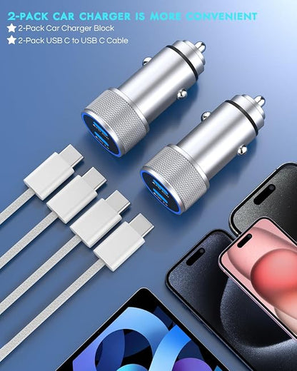 iPhone 17 Car Charger,2Pack Dual Port USB C Fast Car Charger Type C Rapid Charging Adapter with 2Pack USB C to C Nylon Braid Cable Woven Cord Fast Charging for iPhone 17/17 Pro/16/16 Pro Max/iPad