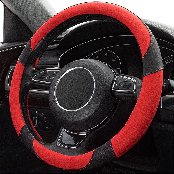 Red Steering Wheel Cover with Microfiber Leather for Car Truck SUV, Anti-Slip Steering Wheel Cover 15 inchs