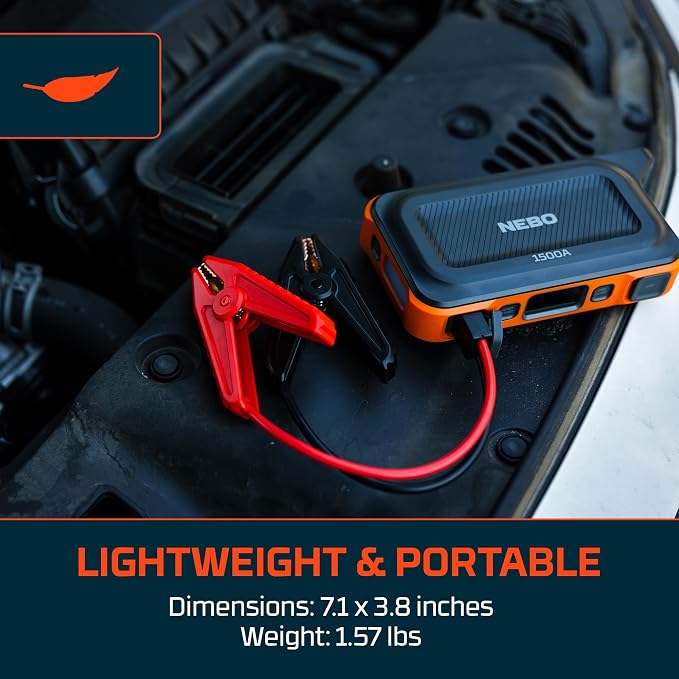NEBO 1500A Jump Starter | 1500 Peak Amp Car Jump Starter, 29.9Wh Portable Battery Booster Pack for 12V Vehicles, Spark-Proof, USB-C Power Bank, Rechargeable, LED Emergency Light, 3-in-1 Roadside Kit