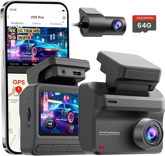 DDPAI Dash Cam Front and Rear 4K+1080P, Dash Camera for Cars with GPS, 5GHz WiFi 6, AI Night Vision 2.0, 48H Parking Mode, 64GB Card Included, ADAS, Loop Recording, Car Dash Cam, Z50 Pro