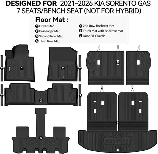 Floor Mats for 2021-2026 Kia Sorento Gas 7 Seats/Bench Seat (Not for Hybrid), Trunk Mat and Backrest Mats & Door Sill Guard All Weather TPE Protector for Kia Sorento Accessories