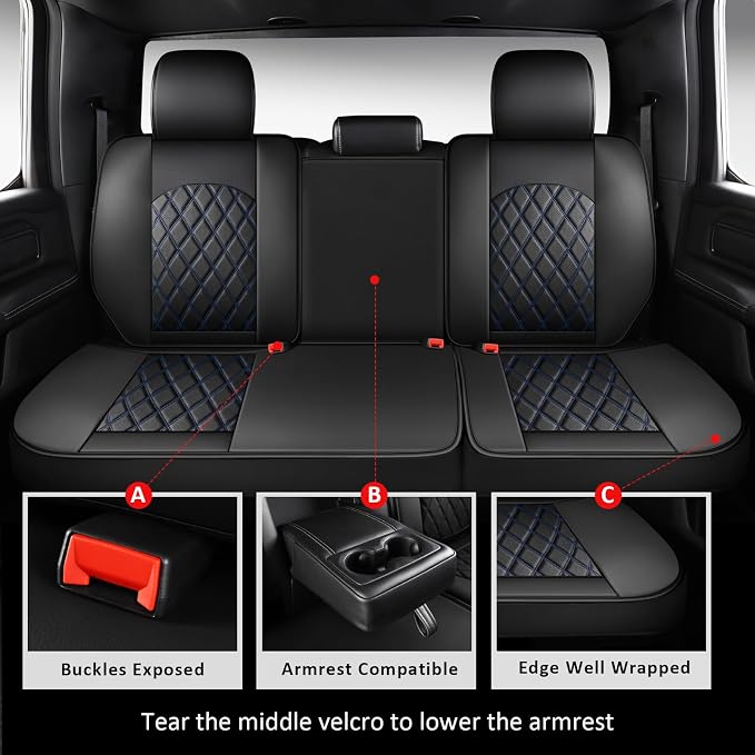 MIROZO Dodge Ram Seat Covers Full Set –Waterproof Truck Seat Covers Leather Car Seat Protector Fits 2009-2026 Ram 1500/2500/3500 Crew Quad Regular Cab Pickup with Split Flat Bench 40/60,Black and Blue