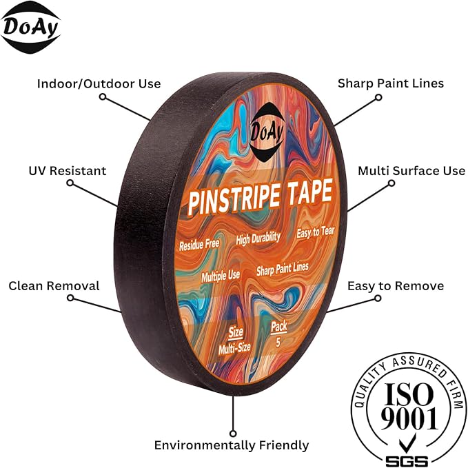 5 Rolls Pinstripe Tape - Masking Tape 1/16", 1/8", 1/4", 1/2", 3/4" - Thin Painters Masking Automotive Tape for DIY, Car, Auto, Paint, Art, Tumblers (Black)