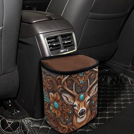 Talayituse Vintage Brown Elk Print Car Trash Bin, Large Size Auto Trash Can Adjustable Portable Garbage Can with Lid, Vehicle Hanging Bag for Headrest Front Back Seat