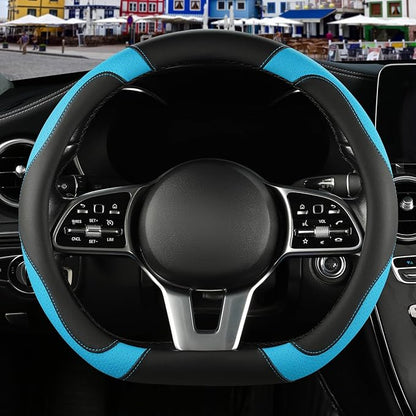 Microfiber Leather D Shaped Steering Wheel Cover, Breathable, Anti Slip, 13.5 inch to 14 inch, Black with Blue