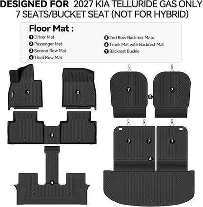 Floor Mats for 2027 Kia Telluride Gas Only 7 Seats/Captain Seat(Not for Hybrid), Trunk Mat with Backrest Mat and 2nd Row Backrest Mat All Weather TPE Protector for Kia Telluride Accessories