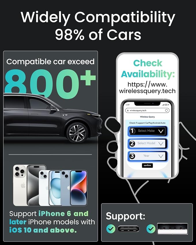 Wireless CarPlay Adapter, Converts Factory Wired CarPlay to Wireless CarPlay Dongle Plug & Play CarPlay Wireless Adapter for Cars from 2015 & for Apple iPhone iOS 10+ Black