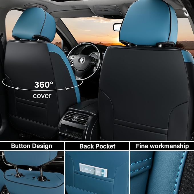 Coverado Seat Covers Full Set, 5 Seats Breathable Faux Leather Seat Covers for Cars, Car Seat Cover Winter, Car Seat Protector Car Seat Cushion, Automotive Seat Cover Universal Fit Most Vehicles, Blue