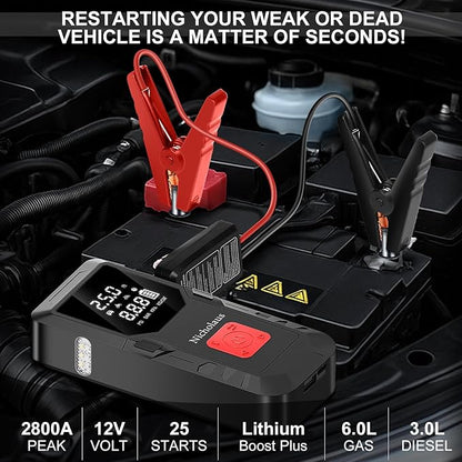 12 V Car 8000 mAh Battery Jump Starter 2800A with 150psI Air Compressor, Compact and Practical Edition QB08L Safe Smart, Portable Jump Box and Charger for 6.0L Gas and 3.0L Diesel Engines.