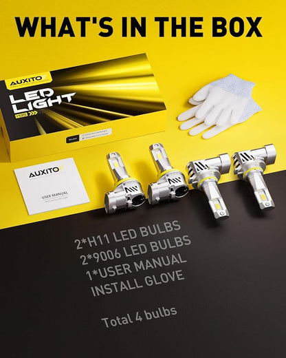 AUXITO Upgraded 9005/HB3 H11/H8/H9 Bulbs Combo, 900% Highly Bright 6500K Cool White, Real 1:1 Mini Size, Canbus Direct Install Plug and Play, Pack of 4